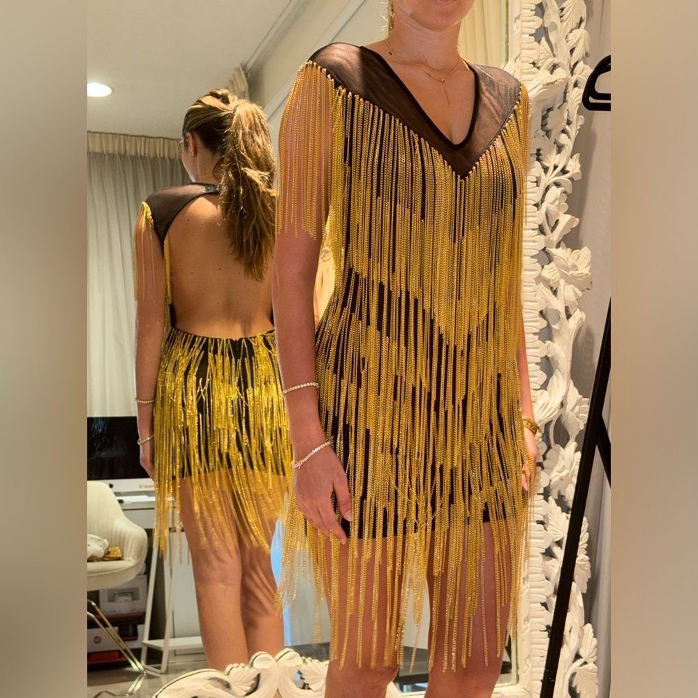 Nurielle’s Golden Glam Fringe Dress